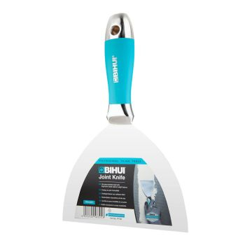 6-inch tile scraper with teal blue handle and stainless steel blade