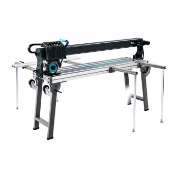Full tile saw with extension arms put out on each side. Laser light is turned on and the saw blade is installed. 